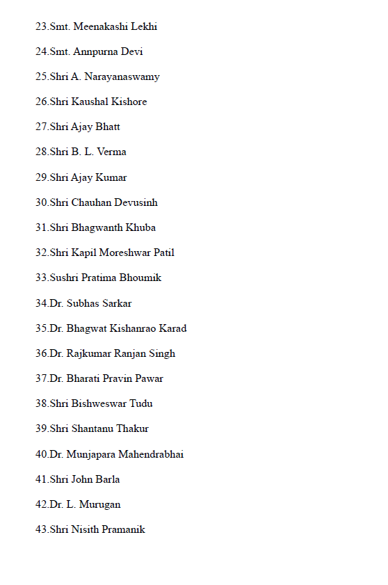 केंद्रीय मंत्रिमंडल के लिए 43 मंत्रियों की लिस्ट जारी, देखिये कौन-कौन हैं शामिल ?
