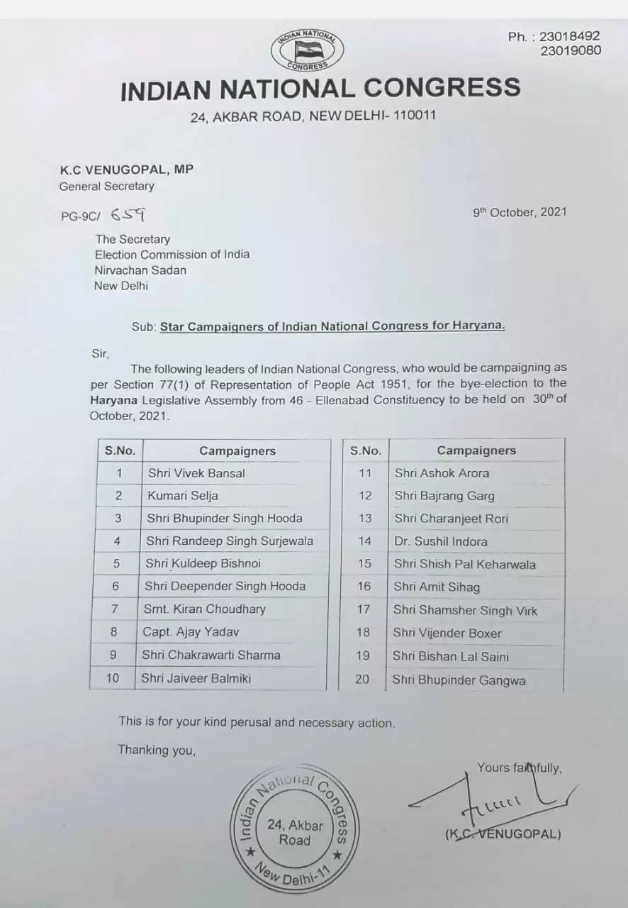 ऐलनाबाद उपचुनाव के लिए कांग्रेस के स्टार प्रचारकों की सूची जारी, देखें पूरी लिस्ट