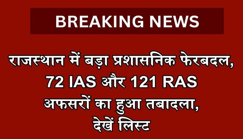 राजस्थान में बड़ा प्रशासनिक फेरबदल, 72 IAS और 121 RAS अफसरों का हुआ तबादला, देखें लिस्ट